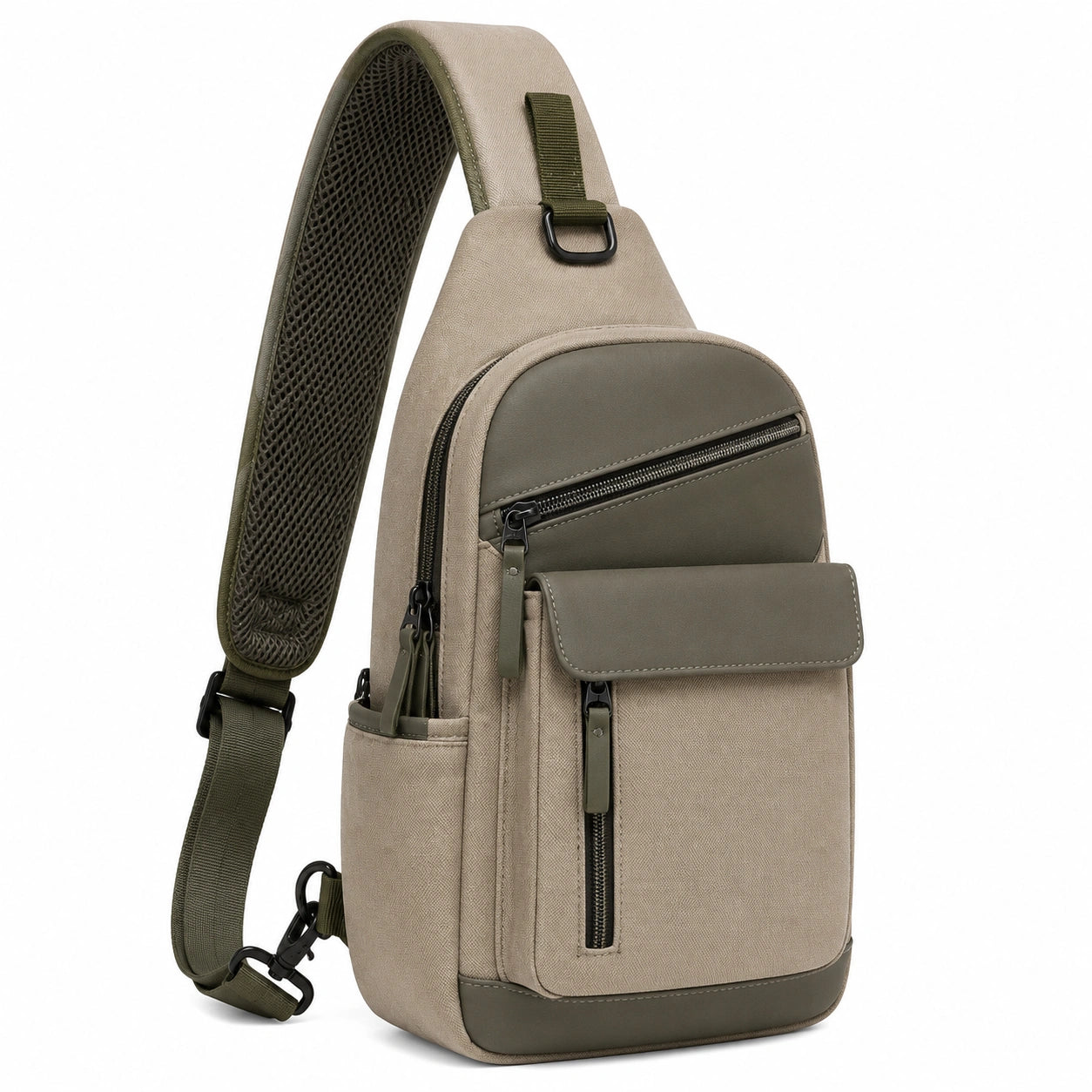 Umhängetasche 18 x 8 x 32 cm aus Textil und Kunstleder in Beige Olivgrün mit verstellbarem Schultergurt