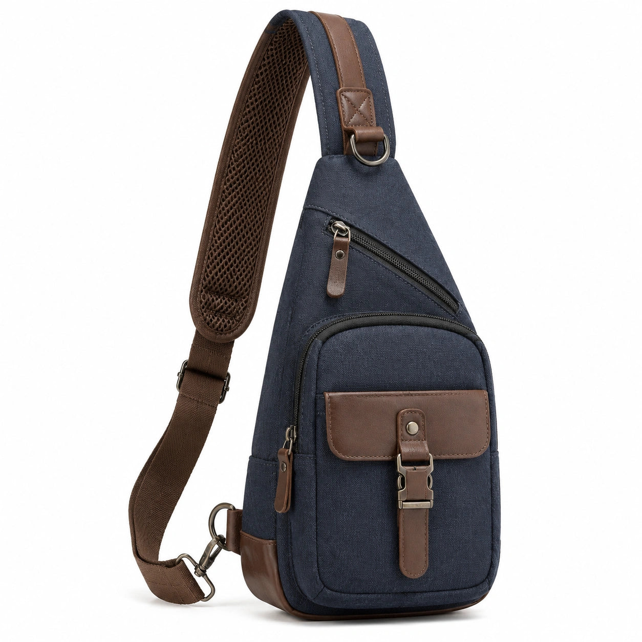 Umhängetasche 18 x 8 x 32 cm Textil Dunkelblau Braun mit gepolstertem Schultergurt