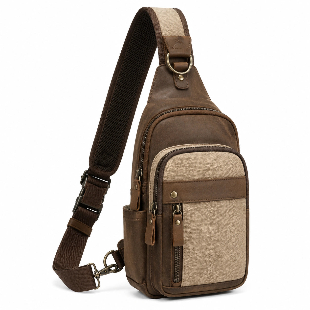 Umhängetasche 18 × 8 × 33 cm aus Leder und Canvas Braun Beige mit verstellbarem Schultergurt