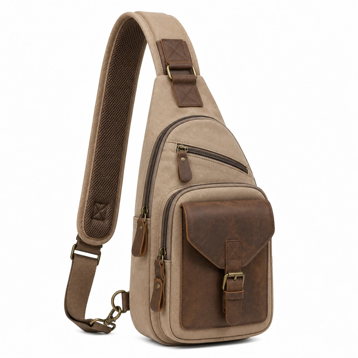 Umhängetasche 20 x 9 x 34 cm aus Textil in Beige Braun mit Mehrfachfächern im Vintage-Stil