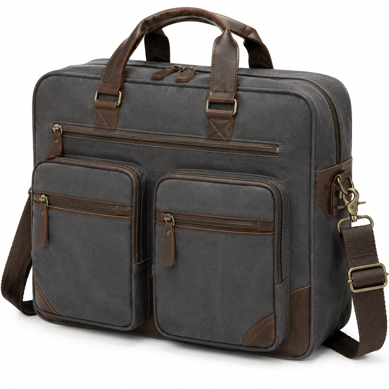 Aktentasche 42 x 12 x 32 cm aus Textil und Kunstleder Grau Braun mit Schultergurt