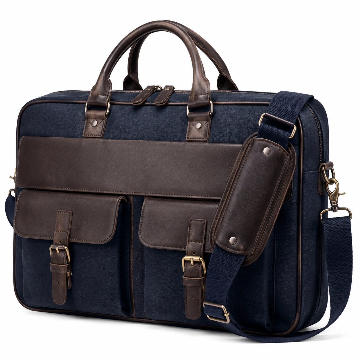 Aktentasche 42 cm aus Textil und Kunstleder in Dunkelblau Braun mit Schultergurt
