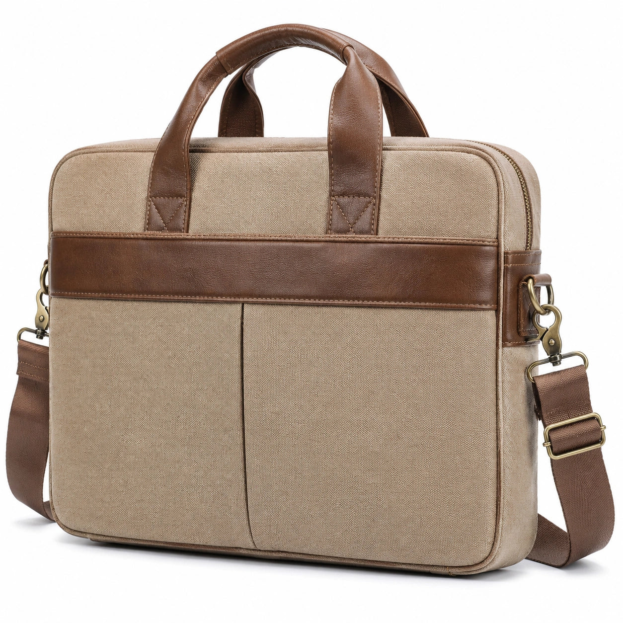Laptoptasche 40 x 8 x 30 cm aus Canvas und Kunstleder Beige Braun mit Schultergurt