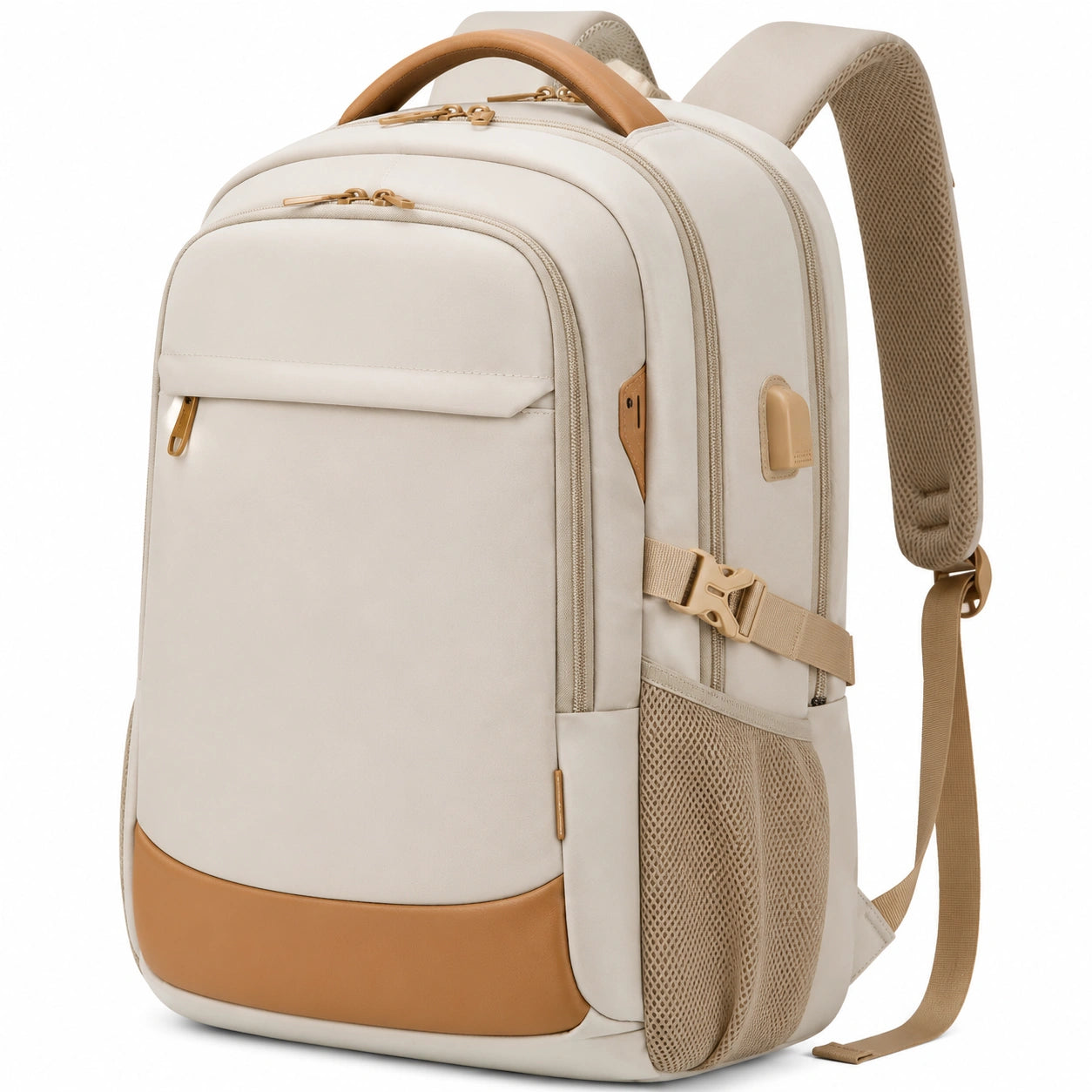 Rucksack 32 x 18 x 46 cm aus Polyester in Beige mit Kunstlederdetails für Alltag und Reisen