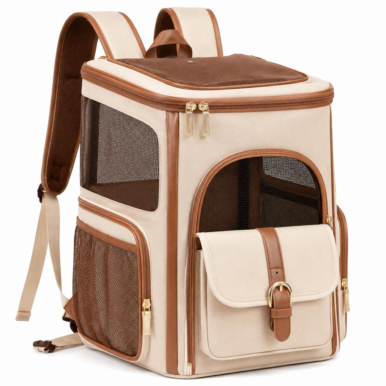 Tiertransport Rucksack 35 x 25 x 42 cm Kunstleder Beige Braun mit Netzfenstern für kleine Haustiere