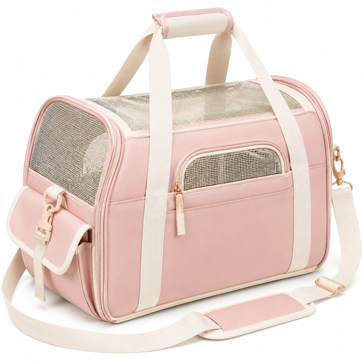 Haustier-Transporttasche 45 x 28 x 30 cm Textil Mesh Rosa Creme mit Schultergurt
