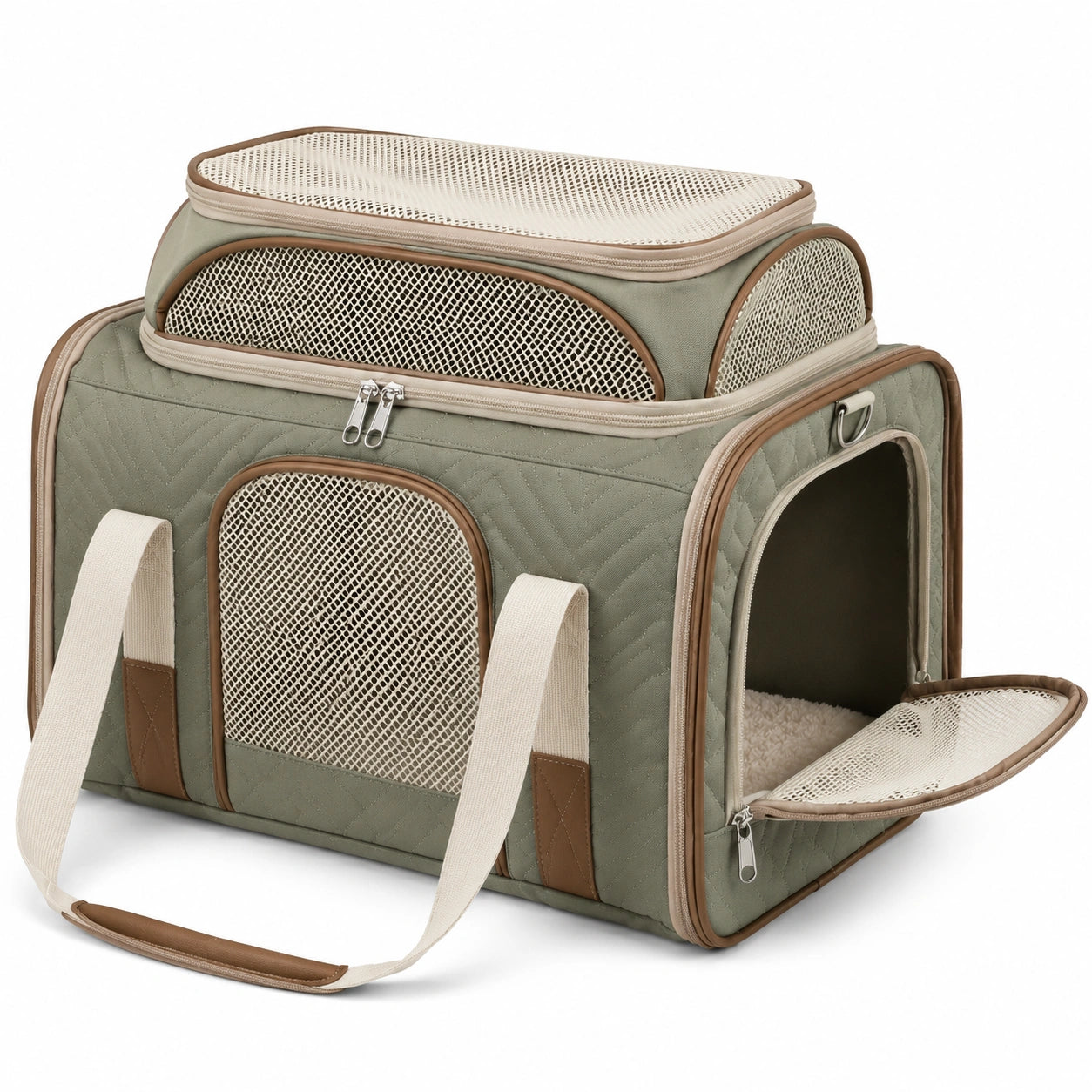 Haustier-Transporttasche 45 x 28 x 30 cm aus Textil in Salbeigrün mit Netzfenstern und Erweiterung