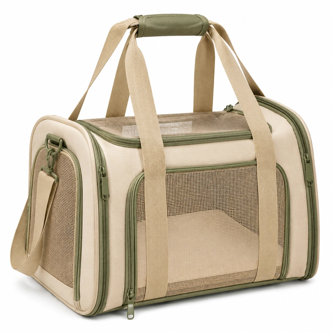 Haustier-Transporttasche 45 x 28 x 30 cm aus Polyester Beige Grün mit Netzfenstern und Schultergurt