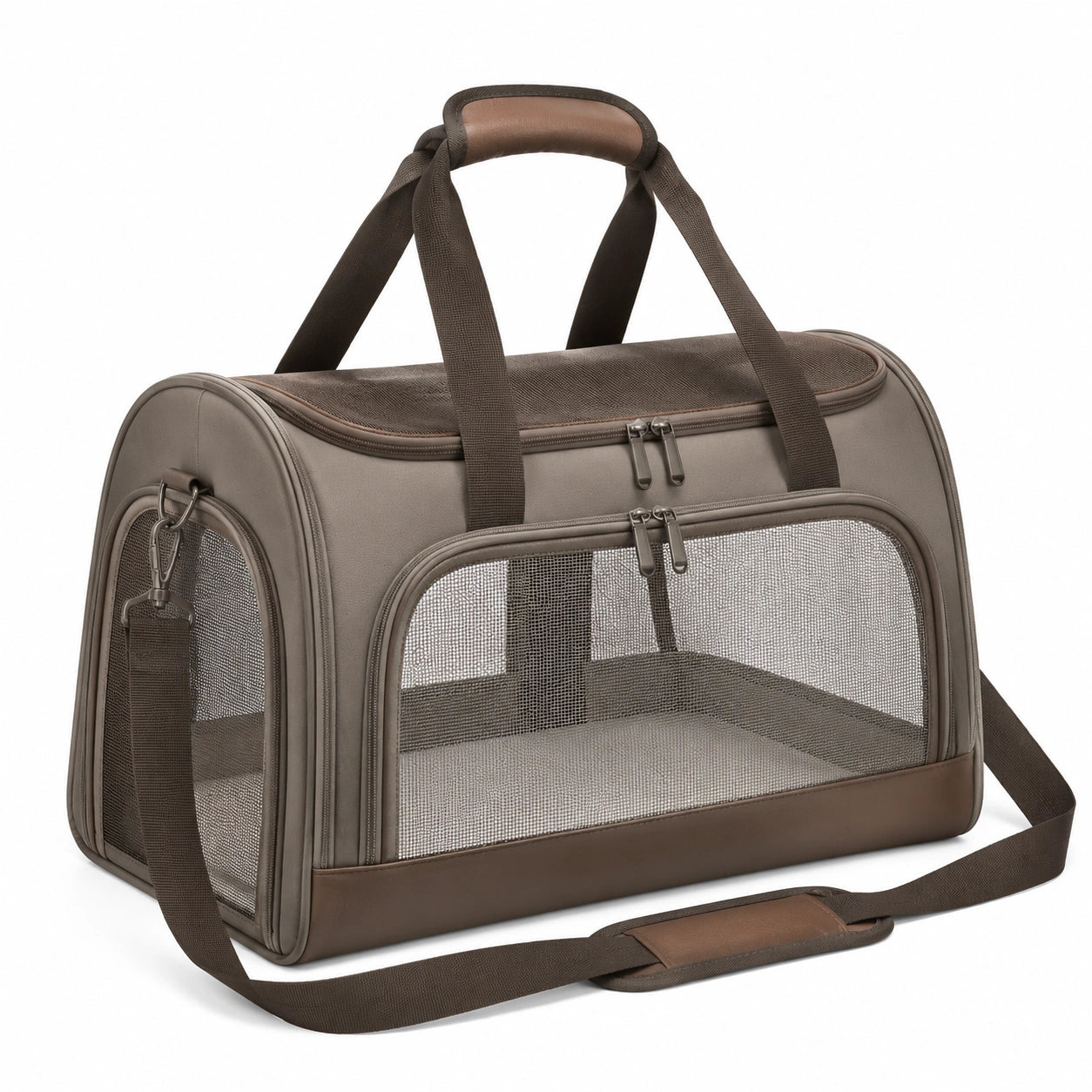 Haustier Transporttasche 45 x 28 x 28 cm braunes Textil mit Netzfenstern - tragbar