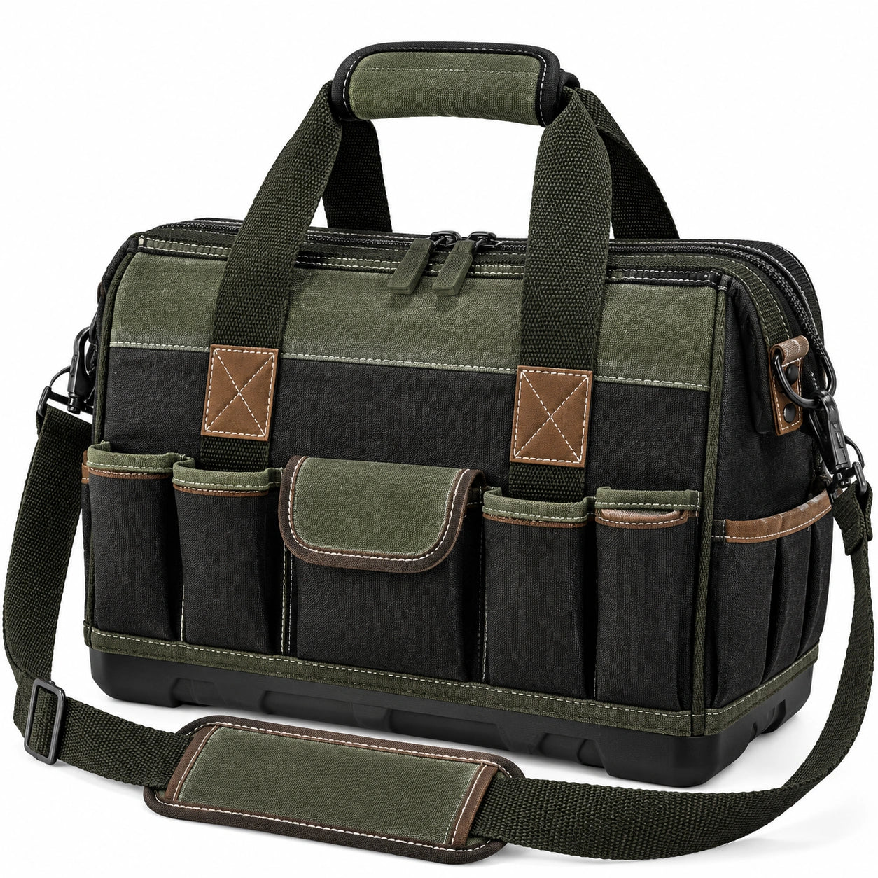 Werkzeugtasche 42 x 18 x 30 cm aus Textilgewebe in Grün Schwarz mit Schultergurt und Mehrfachfächern