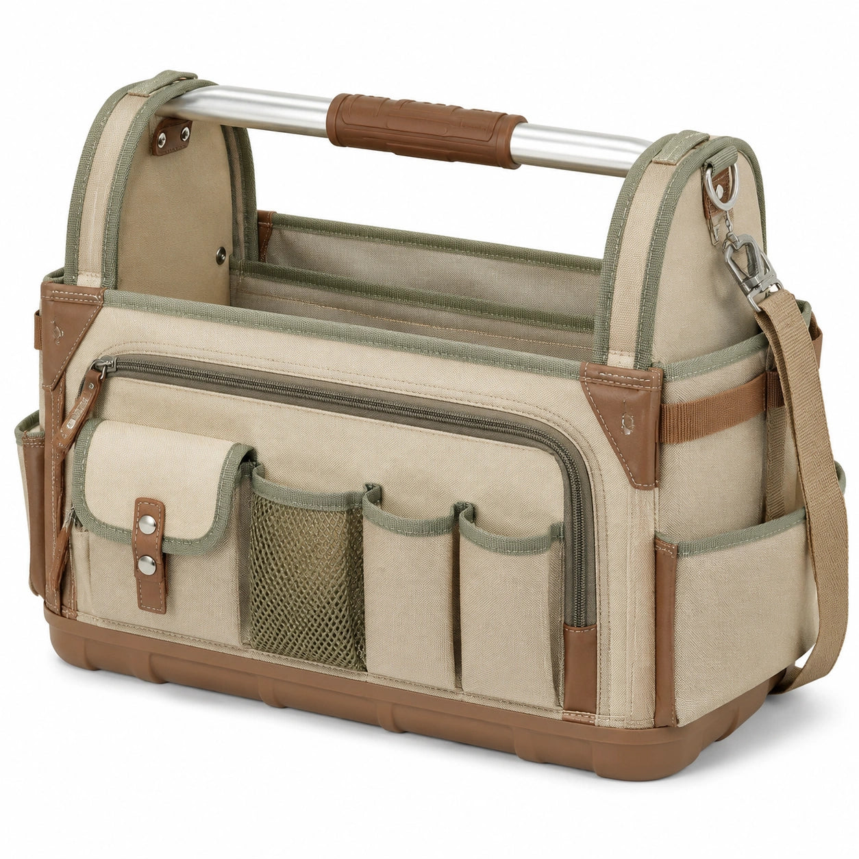 Werkzeugtasche 42 x 20 x 30 cm aus Textilgewebe Beige Grün mit Aluminiumgriff und Schultergurt