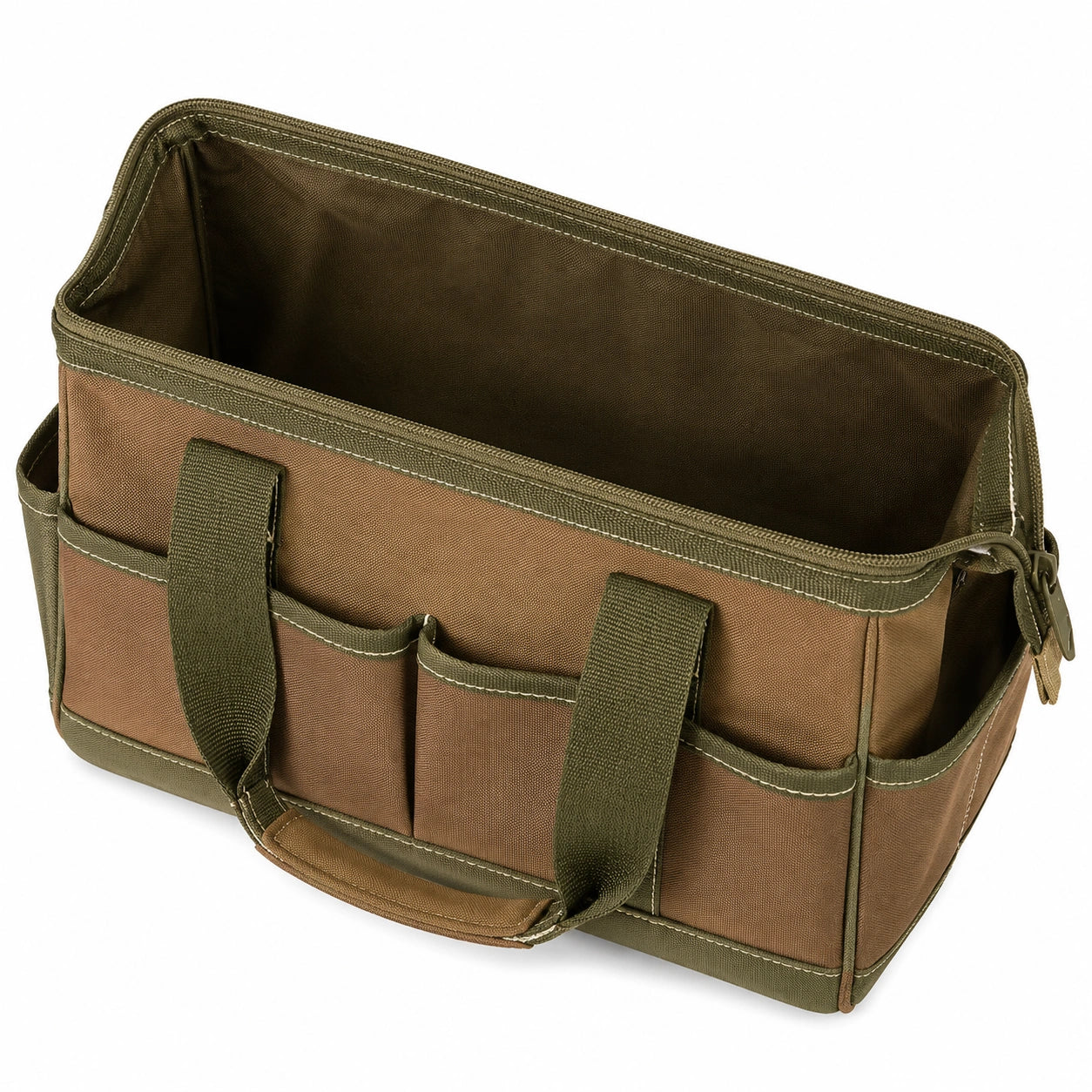 Werkzeugtasche 36 × 18 × 24 cm aus Gewebe Braun/Olivegrün mit Reißverschluss und Außentaschen